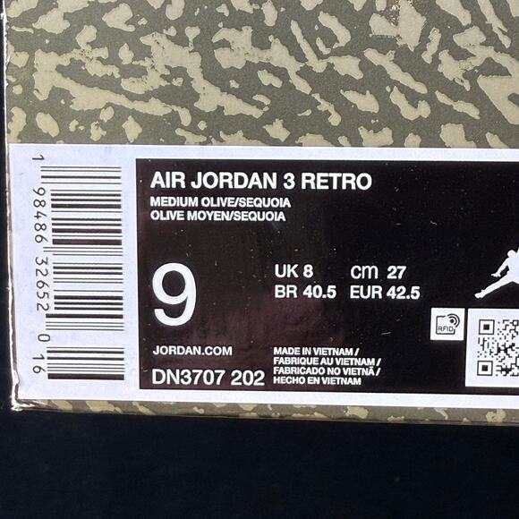 Air Jordan 3 Retro Family Affair Men's Size 9 Medium Olive/Sequoia DN3707-202 - Picture 10 of 10